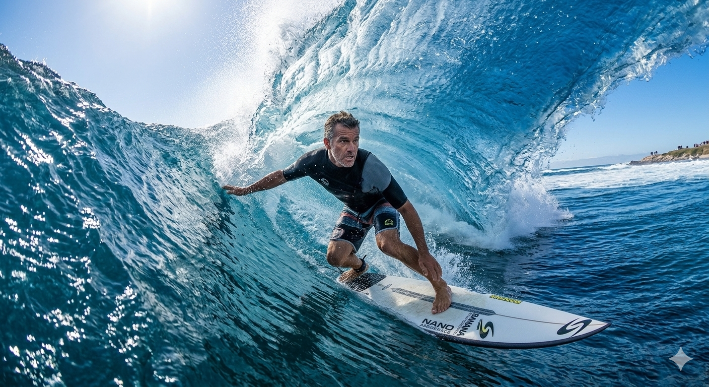 A professional surfer catching a massive blue ocean wave, highly detailed, realistic, sunny day, Nano Banana2 - no woman